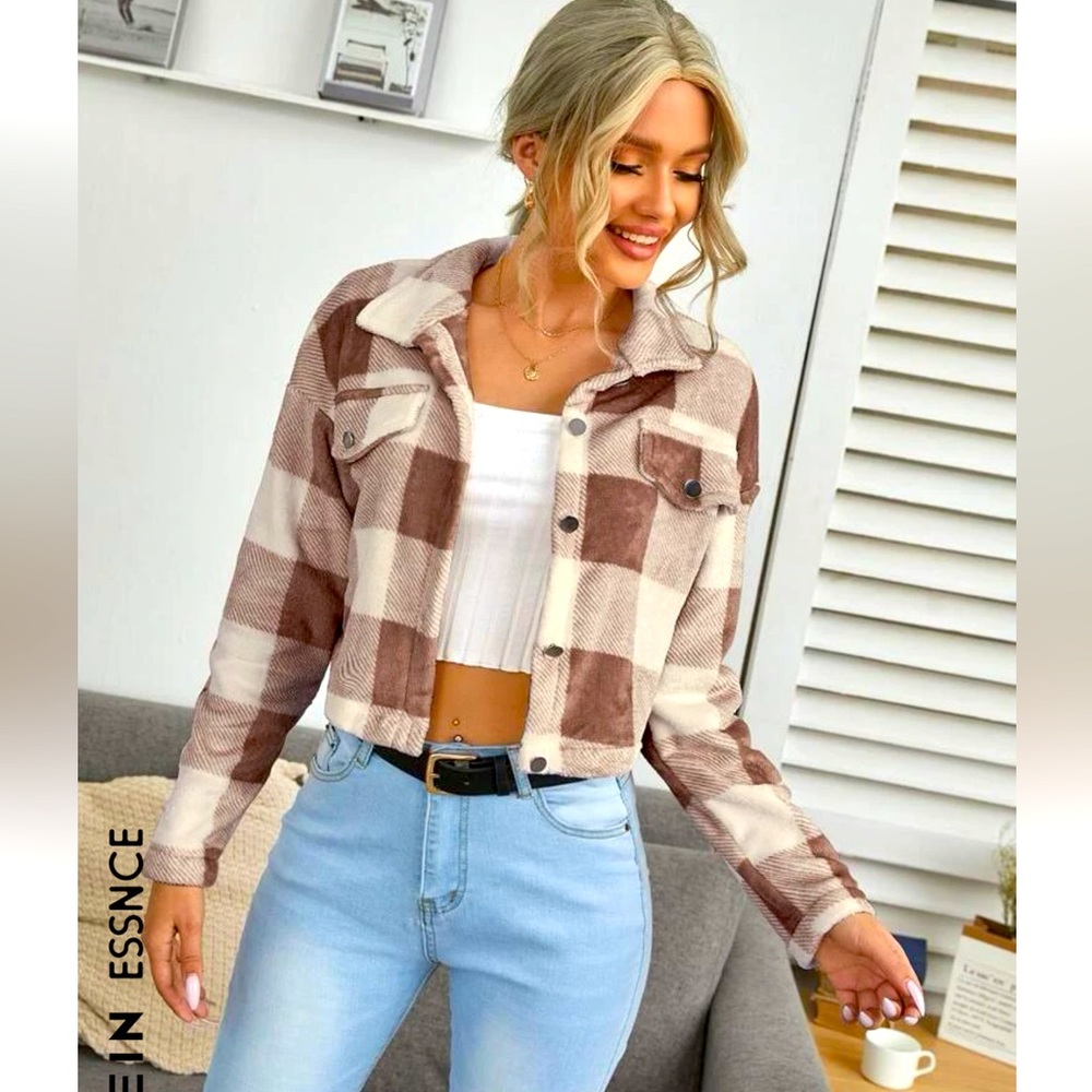 SHEIN Button Drop Shoulder Brown/Tan Plaid Jacket S
